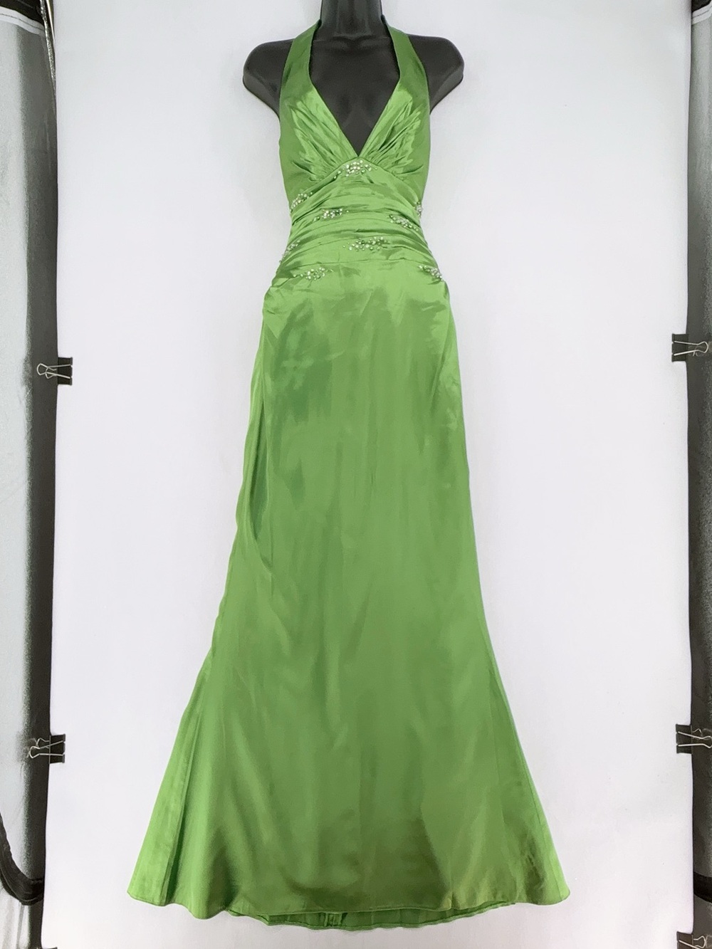 Y2K Lime Green Beaded Halter Satin Mermaid Prom Dress MeProm by Moonlight Size S